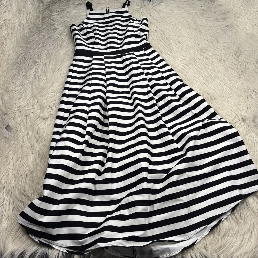 Hunter Bell Women's 2 High Neck Fit‎ Flare Midi Dress Black White Striped HOCO